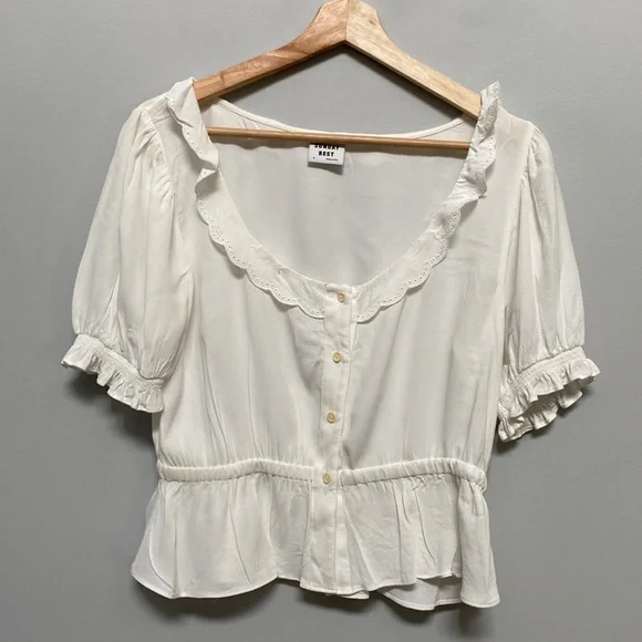 ❗️SOLD❗️ Sunday Best Off White Short Sleeve Embroidered Marisol Blouse Size M - Picture 4 of 11
